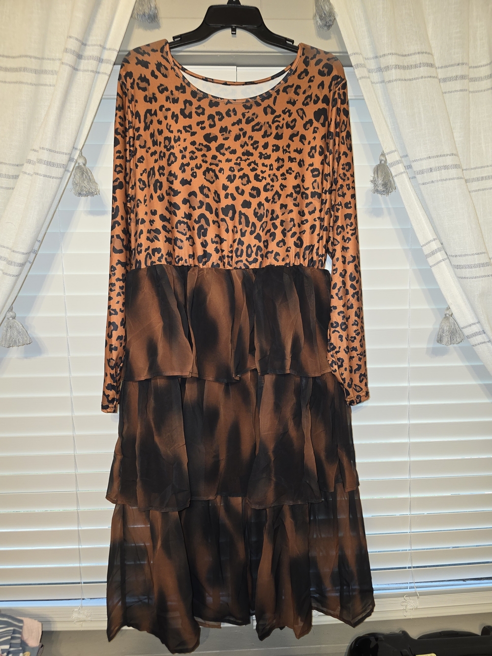Women's Leopard Print Tiered Long Sleeve Dress - Brown - 2XL - NWOT